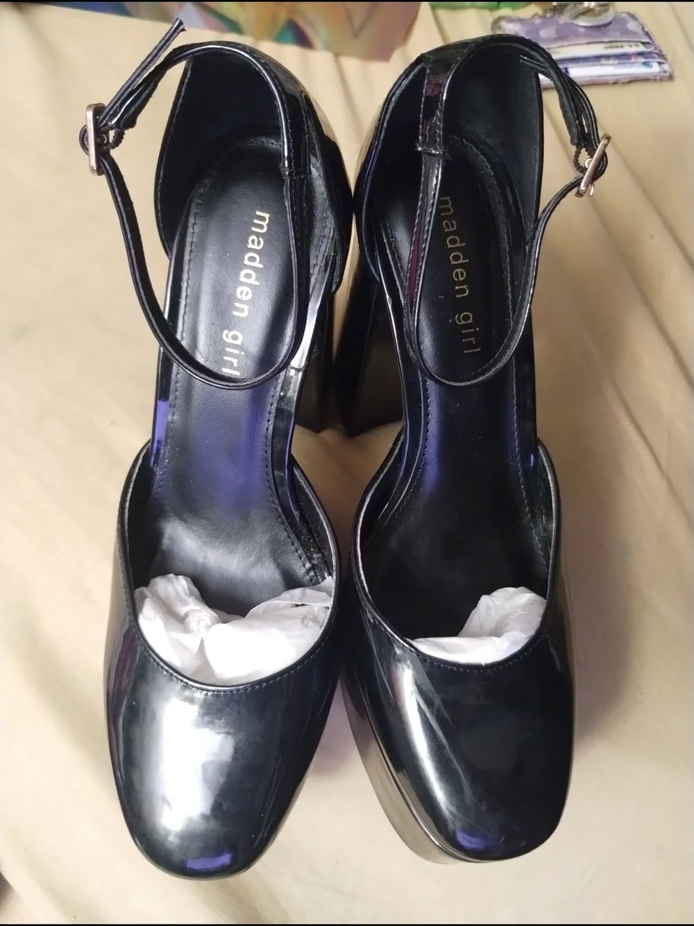 Madden Girl Glossy Black Patent Platform Pumps with Ankle Strap